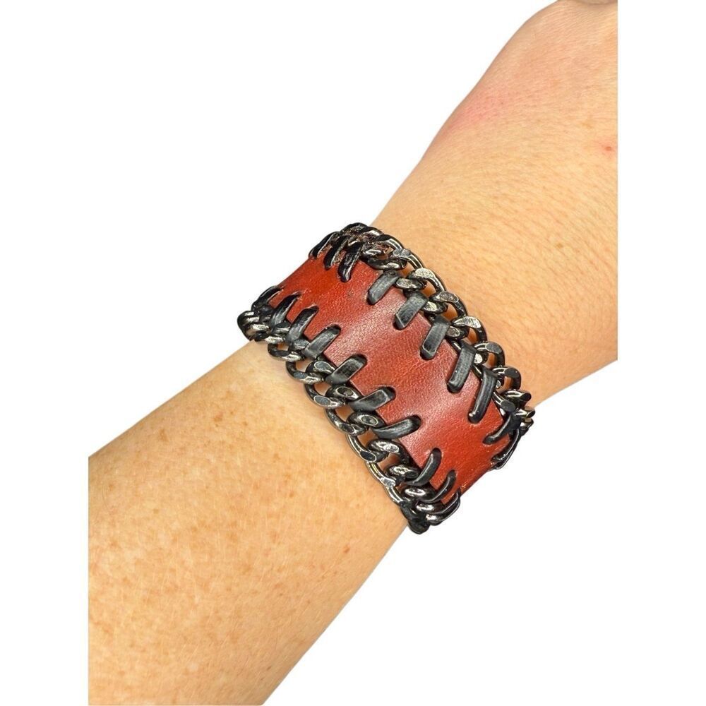 Boutique Red Leather with Black Metal Chain Edging Cuff Bracelet